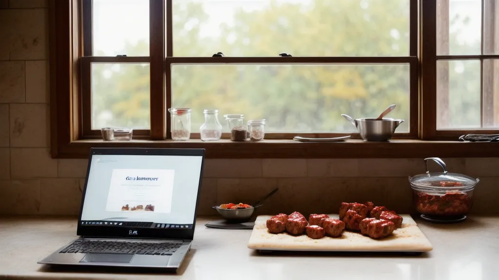 computadora mostrando curso de chorizos junto a preparación de carne