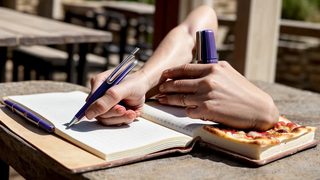 Libreta de pedidos manual junto a una torre de cajas de pizza en el patio