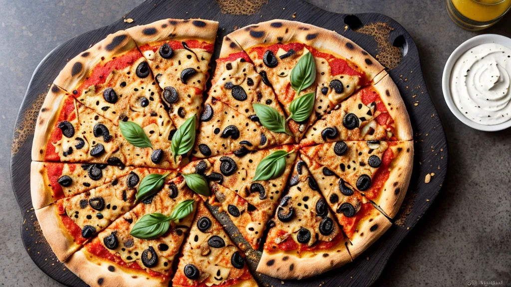 Pizza vegana terminada con vegetales asados y crema de nuez en un patio poblano.