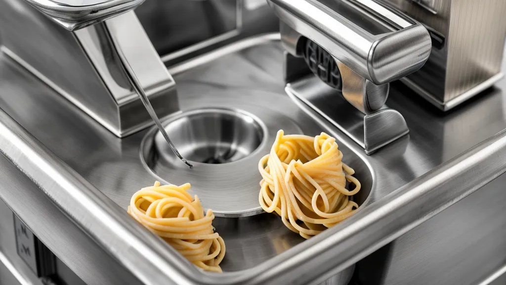 Detalle del regulador de grosor metálico en una máquina de pasta manual.