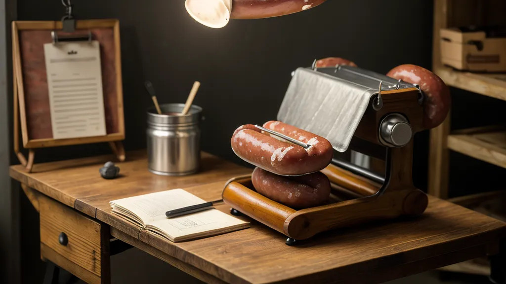 Mesa de trabajo con embutidora manual y pedidos de clientes