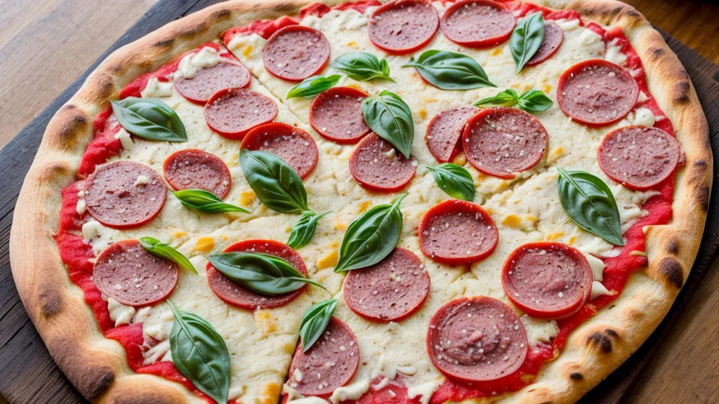Pizza preparada sobre pala de madera junto a celular con pedidos de WhatsApp