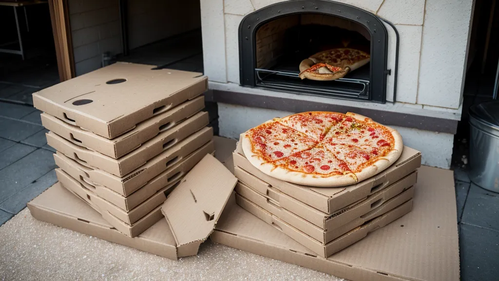 Cajas de pizza vacías y cambio sobre una mesa plegable tras una jornada de ventas