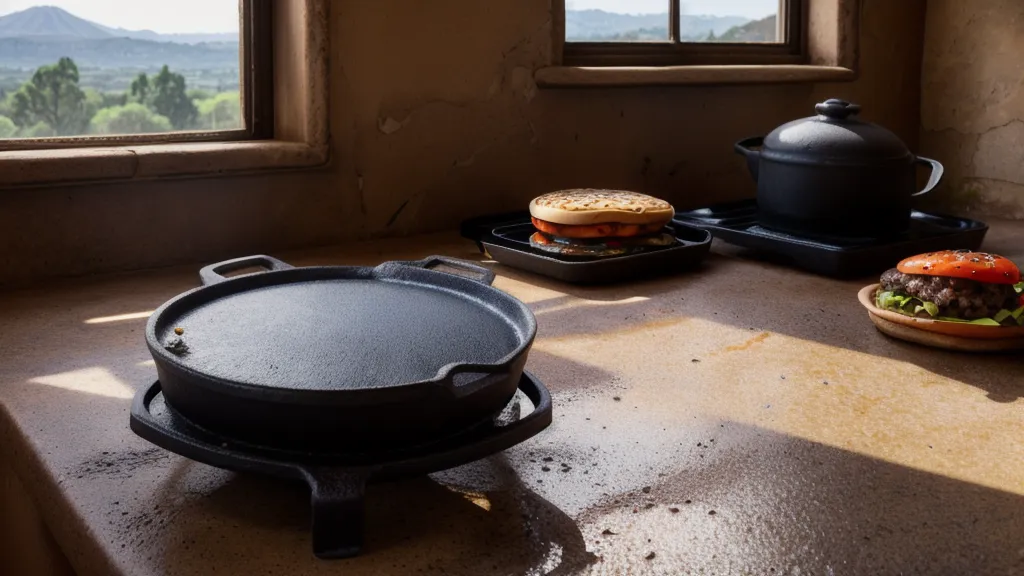 Mejores planchas de hierro fundido para smash burgers: sartén curada lista sobre la estufa de una cocina de departamento.