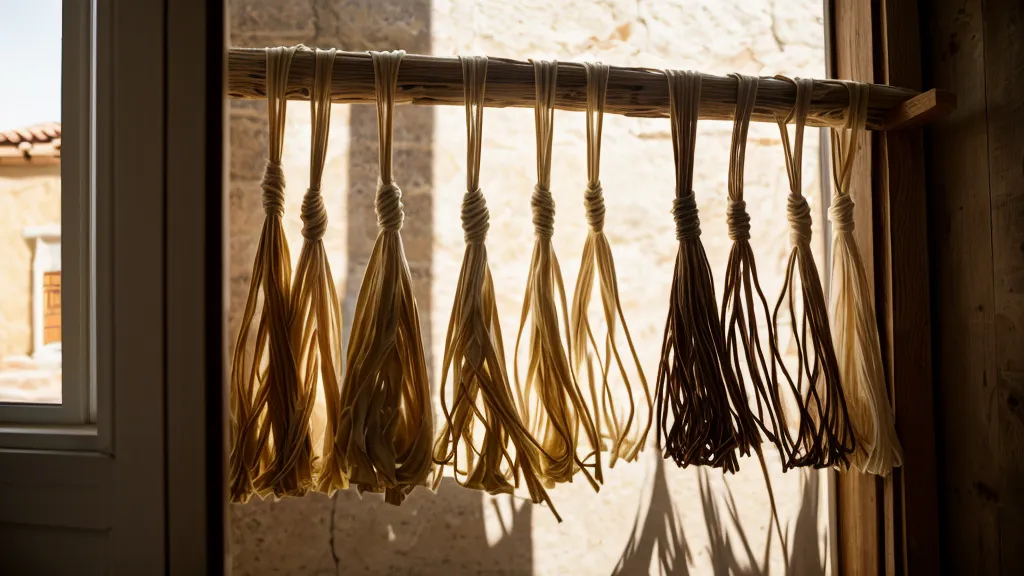 Fideos de pasta artesanal colgados secándose sobre soportes de madera improvisados
